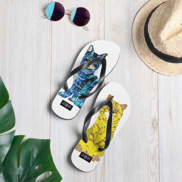 65 MCMLXV Unisex Bejeweled Yellow and Blue Disco Cats Flip - Flops - 65mcmlxv
