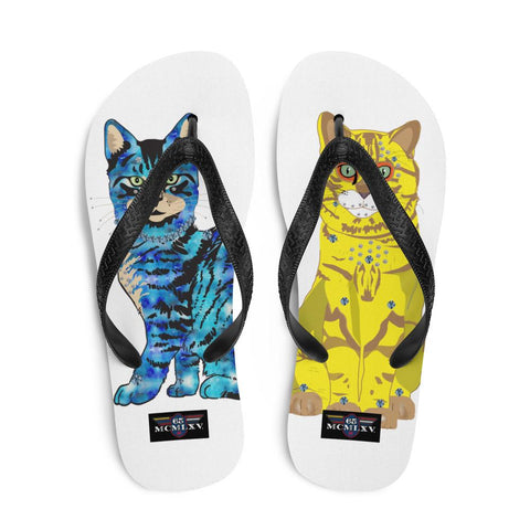 65 MCMLXV Unisex Bejeweled Yellow and Blue Disco Cats Flip - Flops - 65mcmlxv