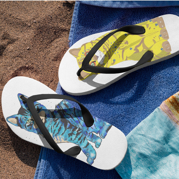 65 MCMLXV Unisex Bejeweled Yellow and Blue Disco Cats Flip - Flops - 65mcmlxv