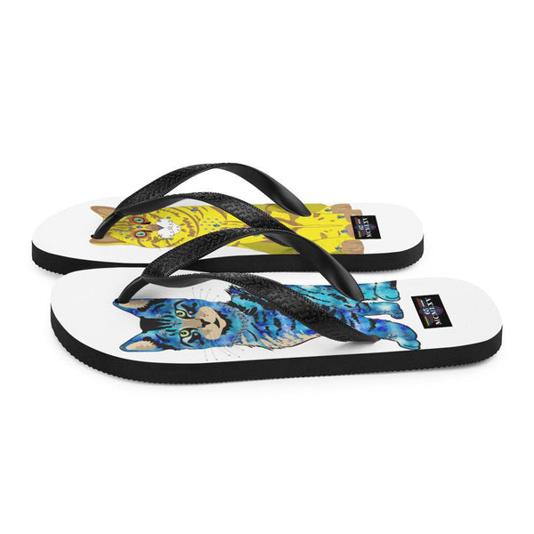 65 MCMLXV Unisex Bejeweled Yellow and Blue Disco Cats Flip - Flops - 65mcmlxv