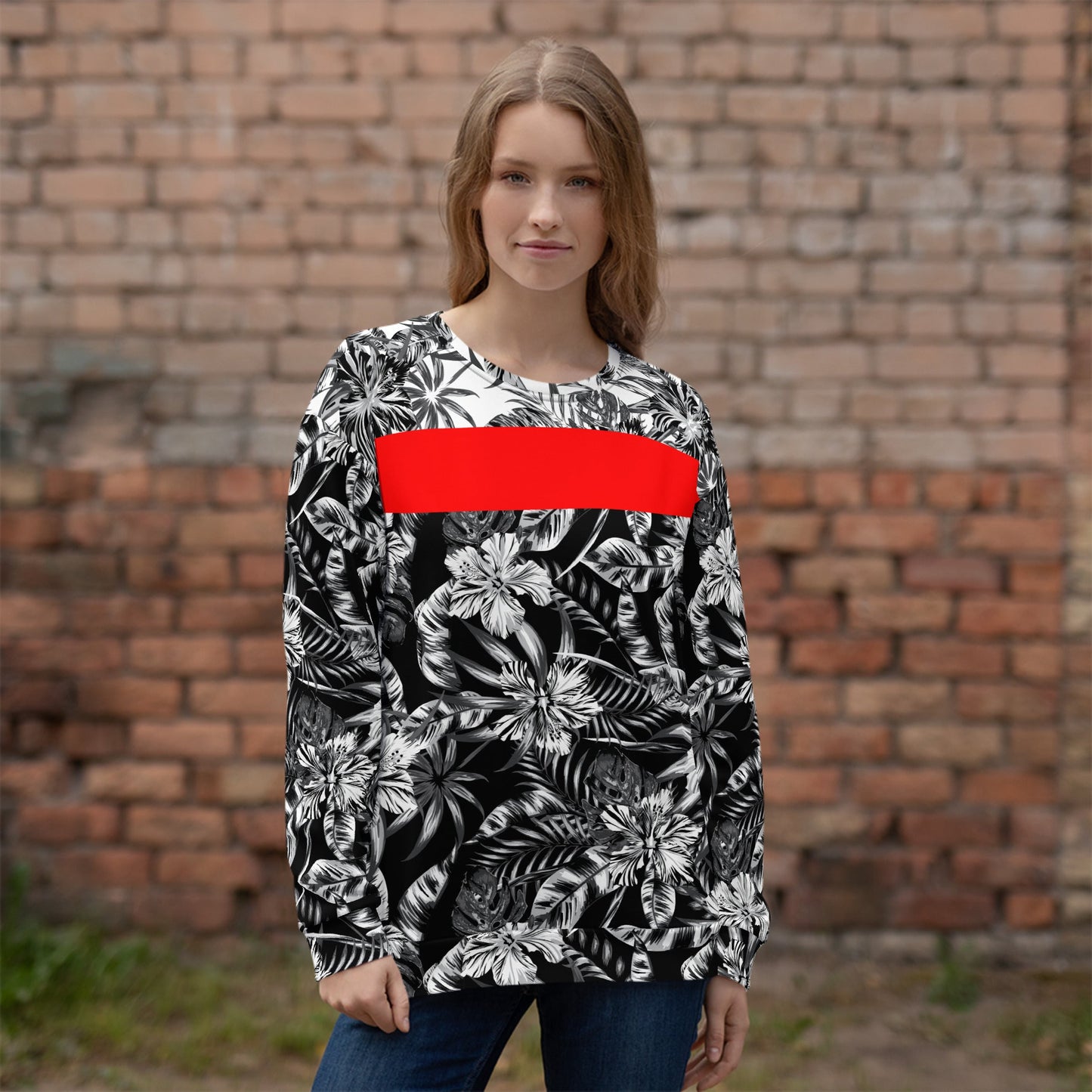 65 MCMLXV Unisex Black and White Positive/Negative Tropical Floral Print Fleece Sweatshirt - 65mcmlxv