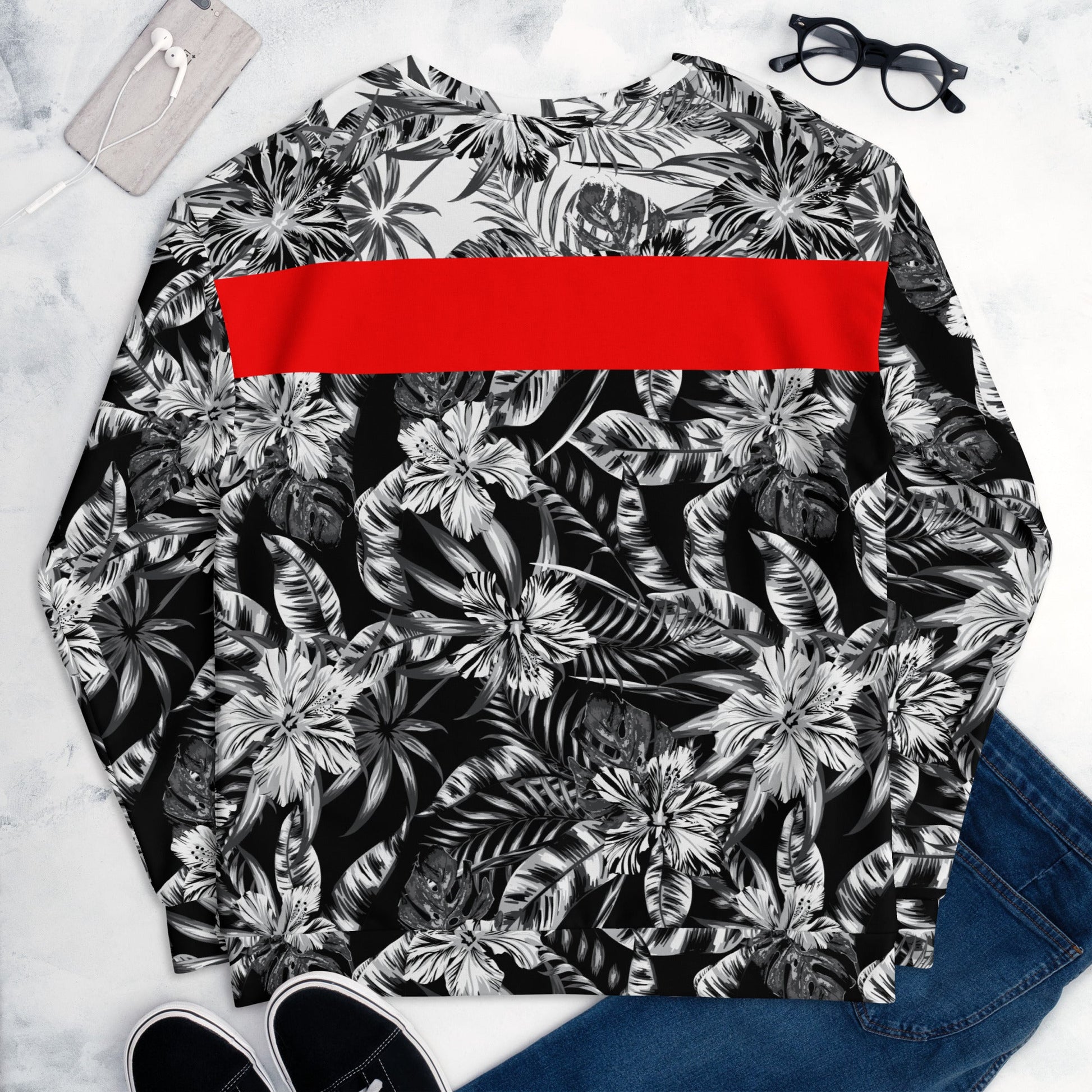 65 MCMLXV Unisex Black and White Positive/Negative Tropical Floral Print Fleece Sweatshirt - 65mcmlxv