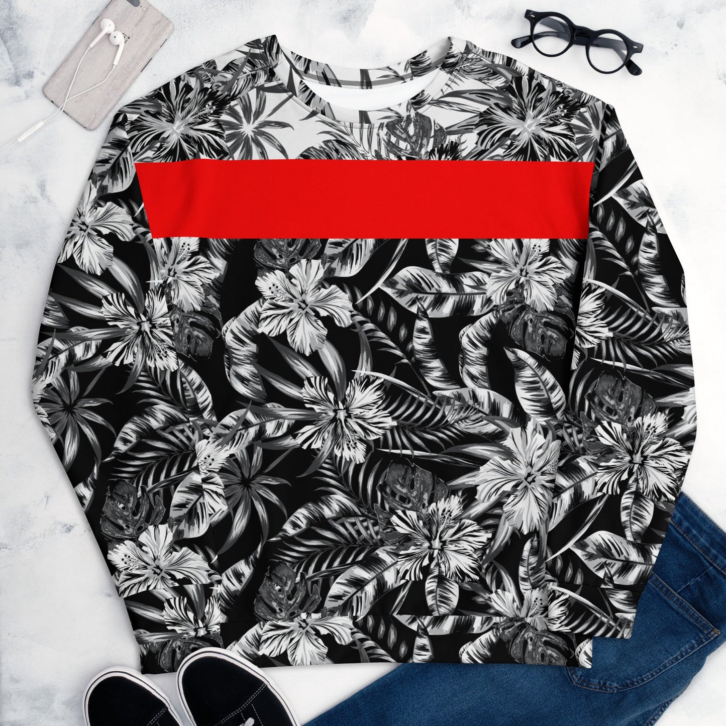 65 MCMLXV Unisex Black and White Positive/Negative Tropical Floral Print Fleece Sweatshirt - 65mcmlxv