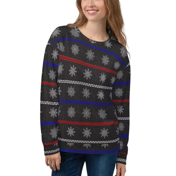 65 MCMLXV Unisex Black Christmas Snowflakes Sweater Stripe Print Sweatshirt - 65mcmlxv
