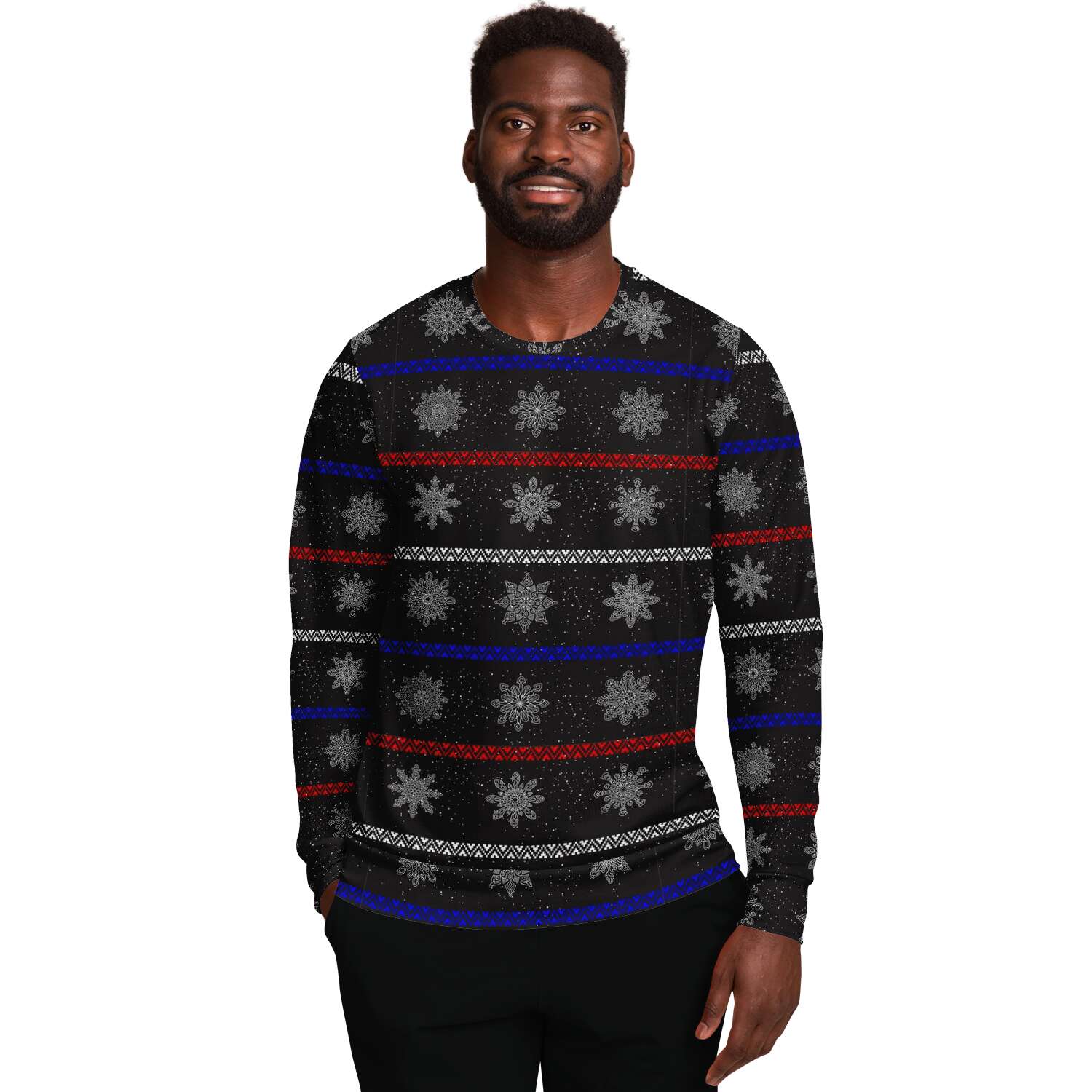 65 MCMLXV Unisex Black Christmas Snowflakes Sweater Stripe Print Sweatshirt - 65mcmlxv