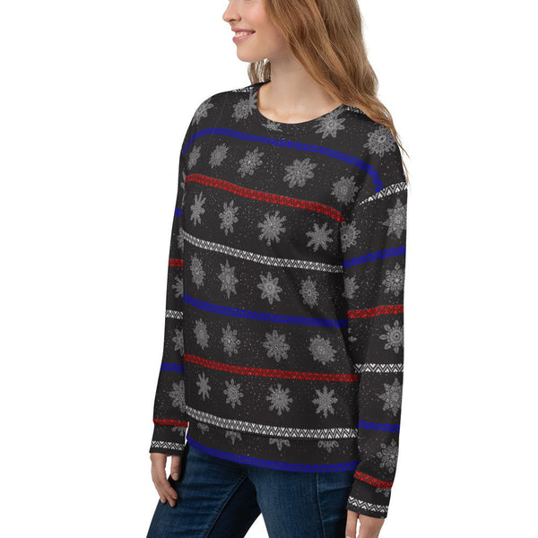 65 MCMLXV Unisex Black Christmas Snowflakes Sweater Stripe Print Sweatshirt - 65mcmlxv