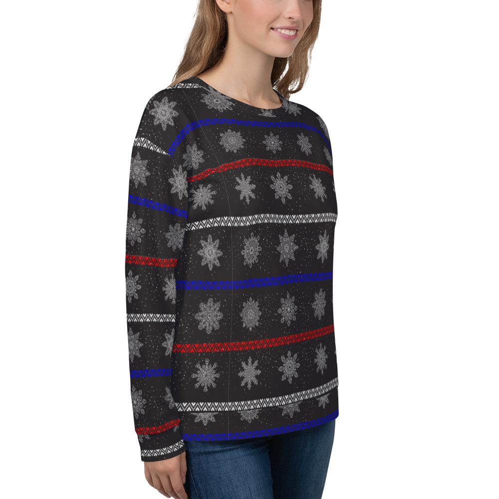 65 MCMLXV Unisex Black Christmas Snowflakes Sweater Stripe Print Sweatshirt - 65mcmlxv