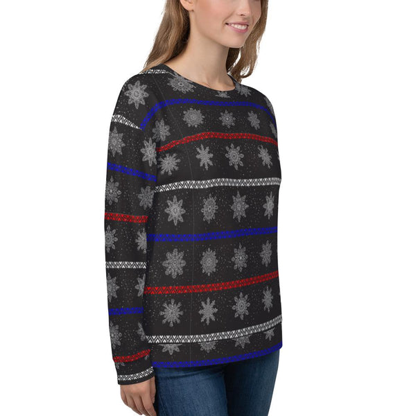 65 MCMLXV Unisex Black Christmas Snowflakes Sweater Stripe Print Sweatshirt - 65mcmlxv