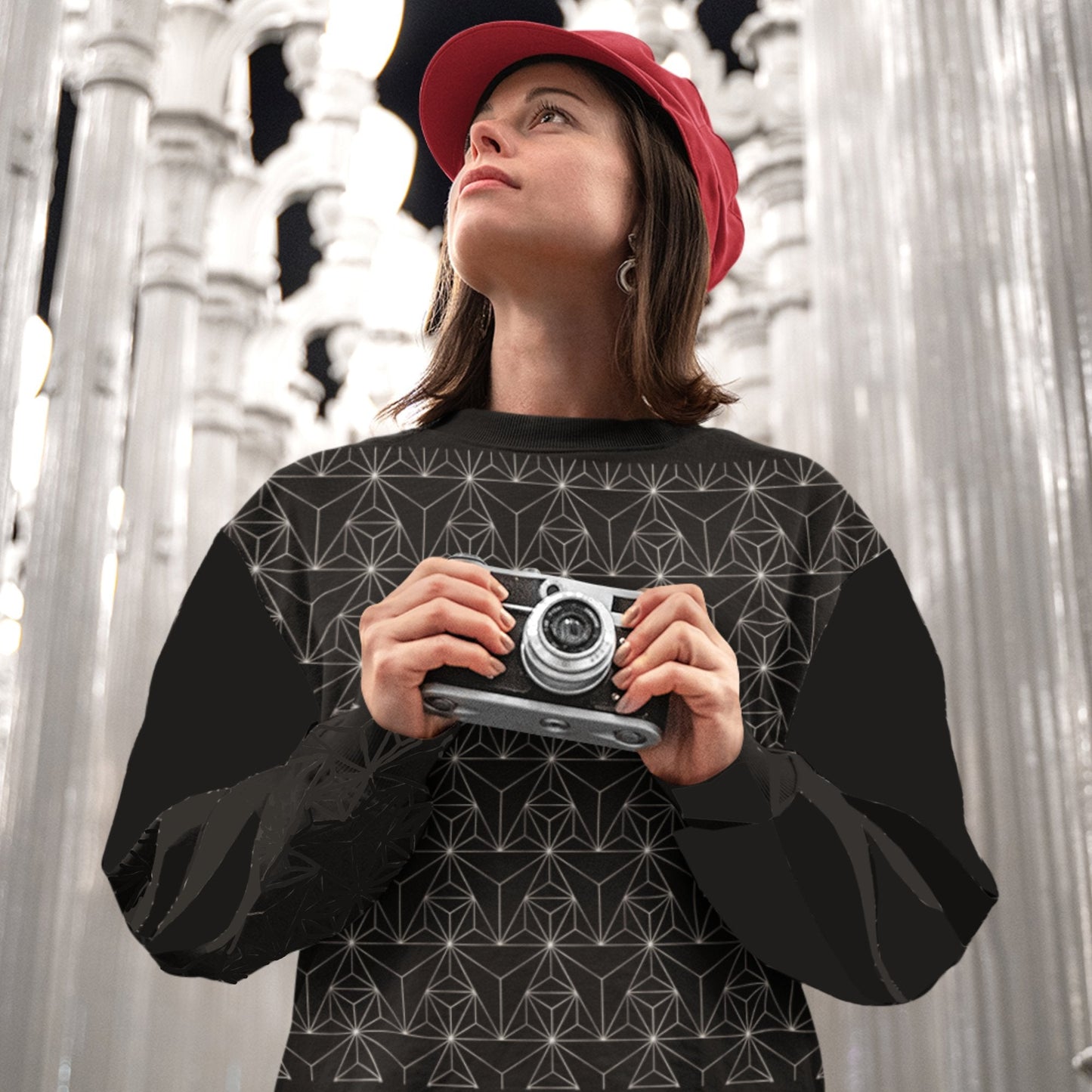 65 MCMLXV Unisex Black Optical Geometric Grid Print Sweatshirt - 65mcmlxv