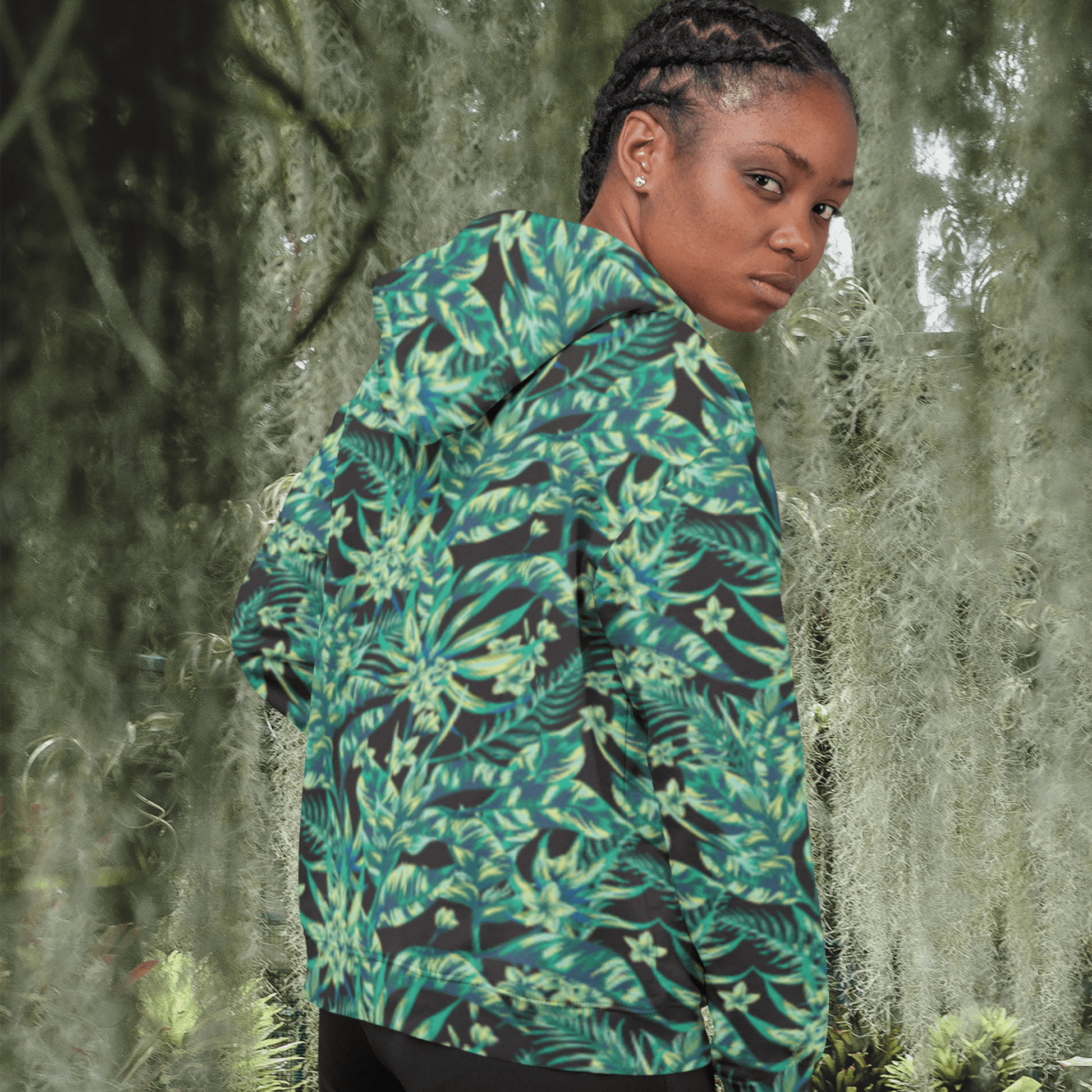 65 MCMLXV Unisex Black Tonal Tropical Print Pull - over Hoodie - 65mcmlxv