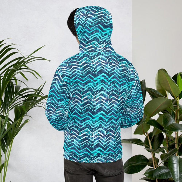 65 MCMLXV Unisex Blue Batik Chevron Print Pull - over Hoodie - 65mcmlxv