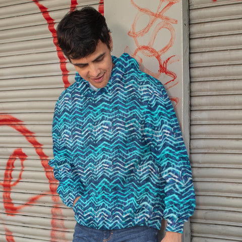 65 MCMLXV Unisex Blue Batik Chevron Print Pull - over Hoodie - 65mcmlxv