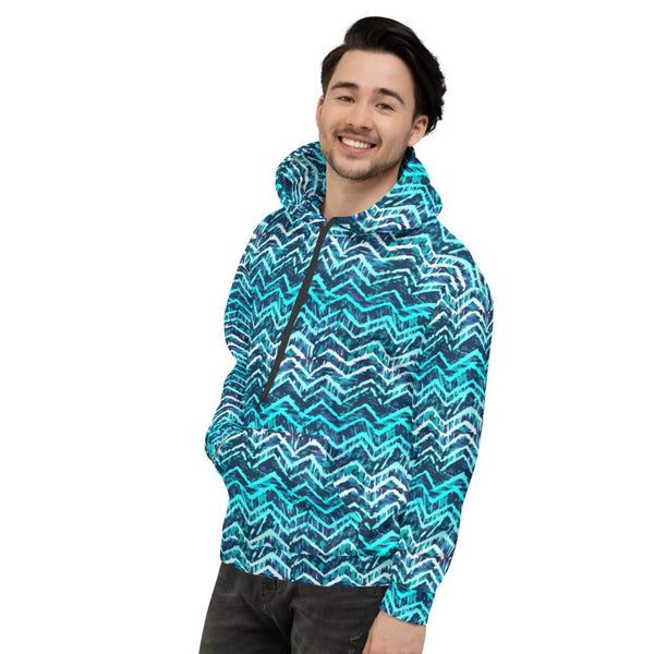 65 MCMLXV Unisex Blue Batik Chevron Print Pull - over Hoodie - 65mcmlxv