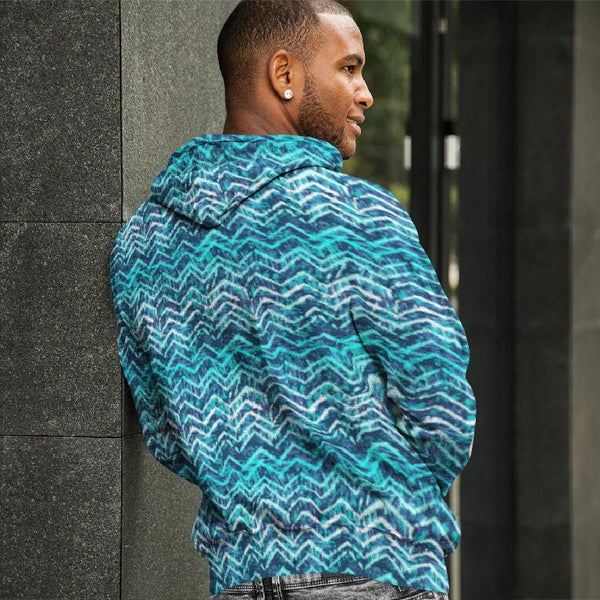 65 MCMLXV Unisex Blue Batik Chevron Print Pull - over Hoodie - 65mcmlxv
