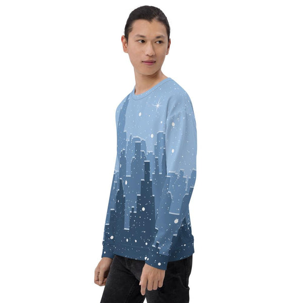65 MCMLXV Unisex Blue Snowy Winter Cityscape Print Sweatshirt - 65mcmlxv