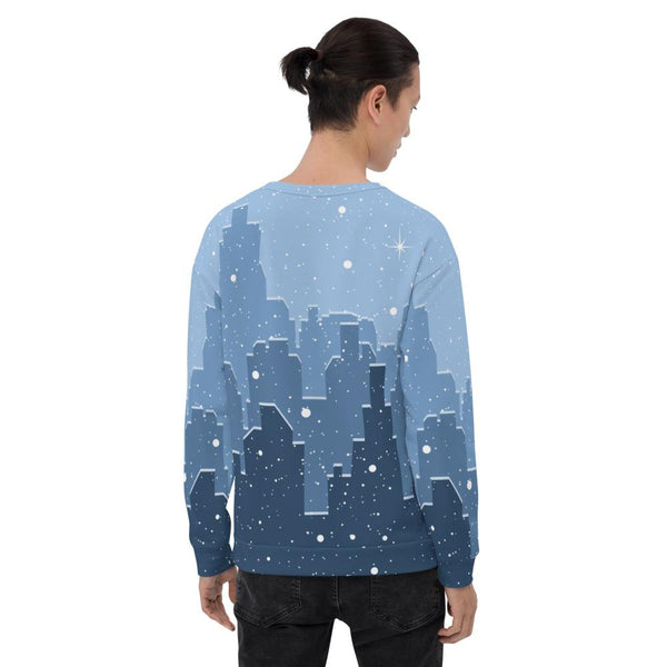 65 MCMLXV Unisex Blue Snowy Winter Cityscape Print Sweatshirt - 65mcmlxv