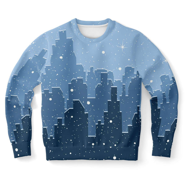 65 MCMLXV Unisex Blue Snowy Winter Cityscape Print Sweatshirt - 65mcmlxv