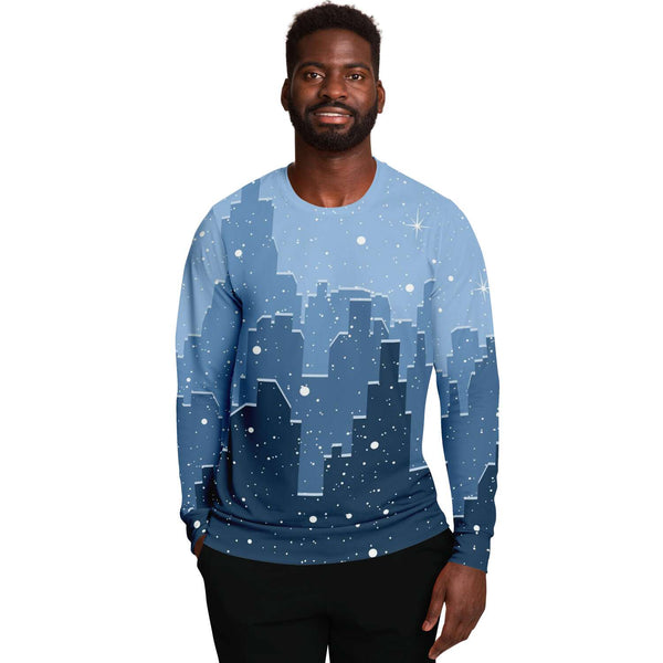 65 MCMLXV Unisex Blue Snowy Winter Cityscape Print Sweatshirt - 65mcmlxv