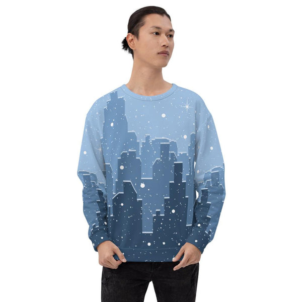 65 MCMLXV Unisex Blue Snowy Winter Cityscape Print Sweatshirt - 65mcmlxv