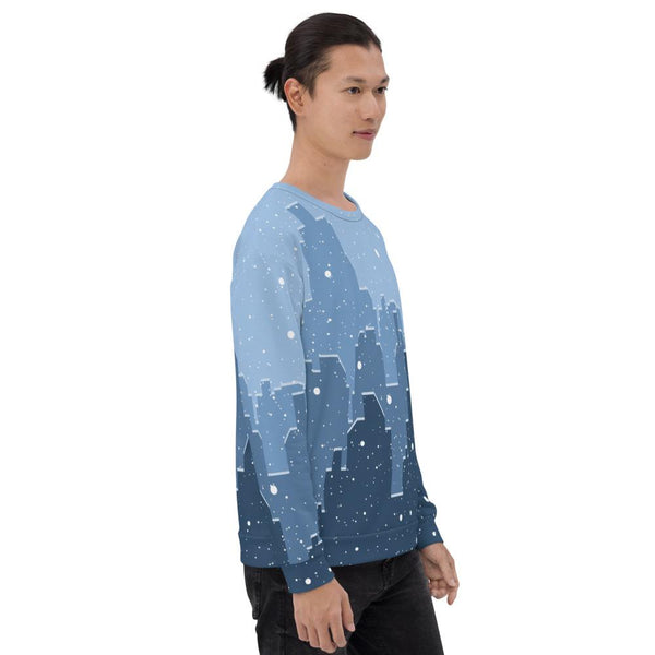 65 MCMLXV Unisex Blue Snowy Winter Cityscape Print Sweatshirt - 65mcmlxv