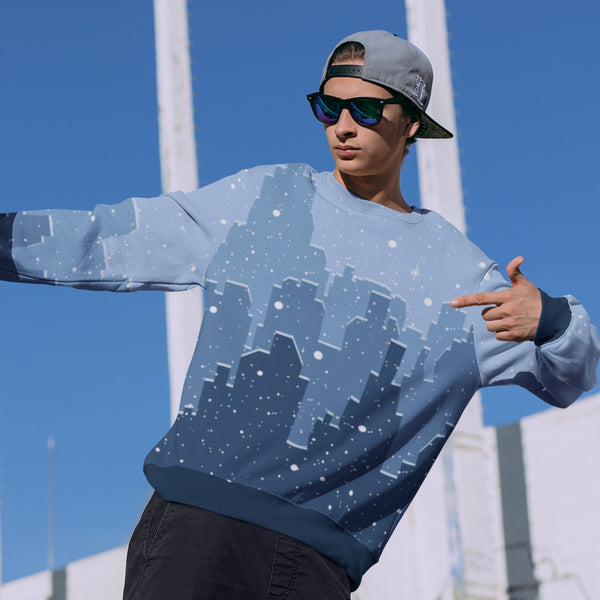 65 MCMLXV Unisex Blue Snowy Winter Cityscape Print Sweatshirt - 65mcmlxv