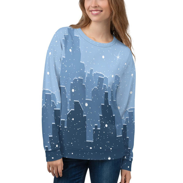 65 MCMLXV Unisex Blue Snowy Winter Cityscape Print Sweatshirt - 65mcmlxv