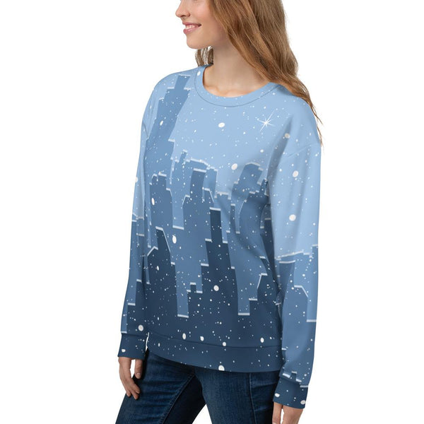 65 MCMLXV Unisex Blue Snowy Winter Cityscape Print Sweatshirt - 65mcmlxv