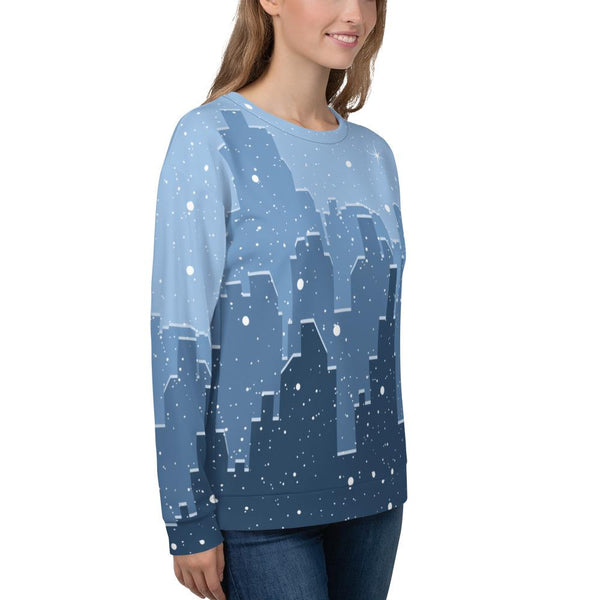65 MCMLXV Unisex Blue Snowy Winter Cityscape Print Sweatshirt - 65mcmlxv