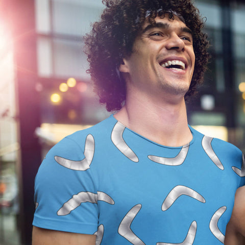 65 MCMLXV Unisex Cosplay Blue Boomerang Toss Print T-Shirt - 65mcmlxv