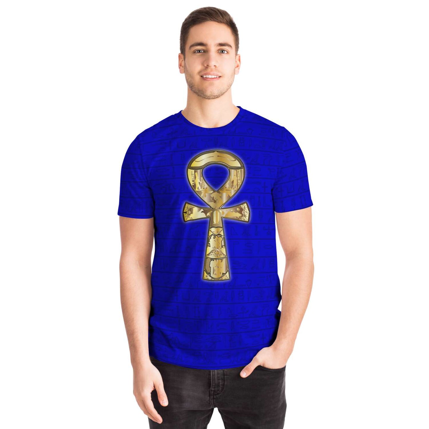 65 MCMLXV Unisex Cosplay Golden Ankh Hieroglyphics Print T-Shirt - 65mcmlxv
