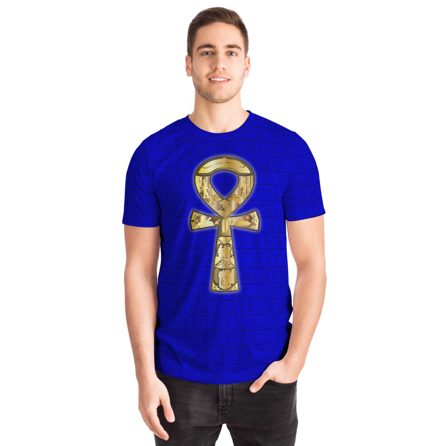 65 MCMLXV Unisex Cosplay Golden Ankh Hieroglyphics Print T-Shirt - 65mcmlxv