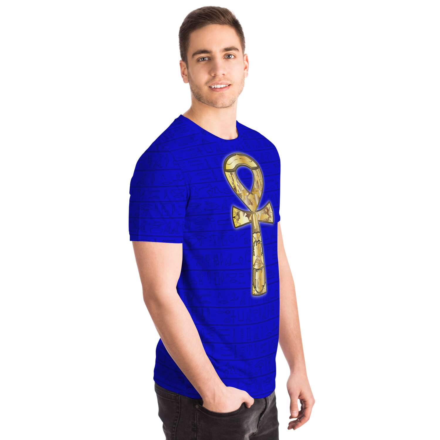 65 MCMLXV Unisex Cosplay Golden Ankh Hieroglyphics Print T-Shirt - 65mcmlxv