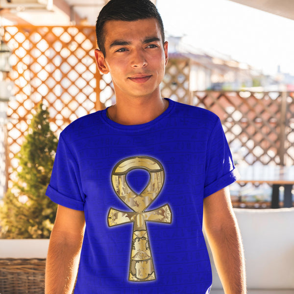 65 MCMLXV Unisex Cosplay Golden Ankh Hieroglyphics Print T-Shirt - 65mcmlxv
