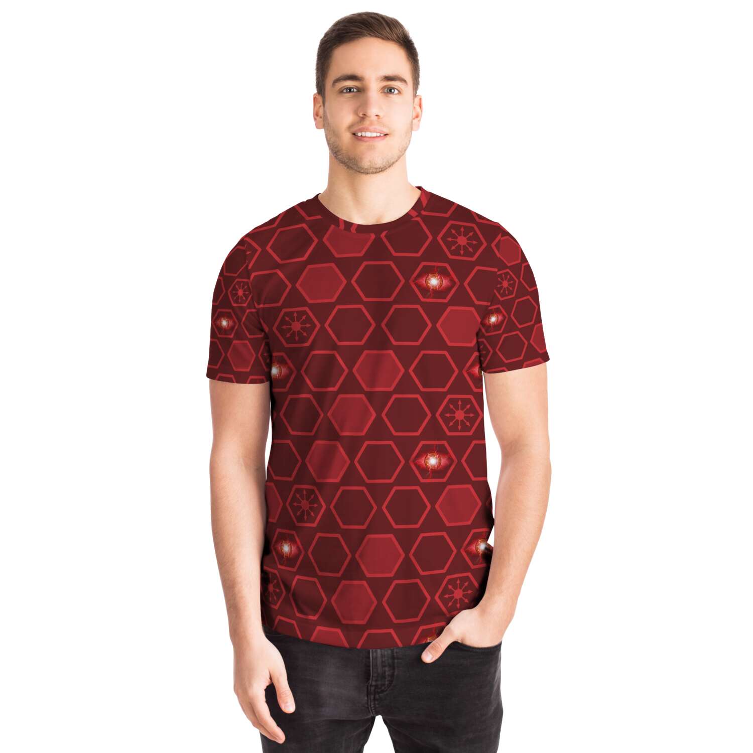 65 MCMLXV Unisex Cosplay Scarlet Red Hexagon Chaos Print T-Shirt - 65mcmlxv