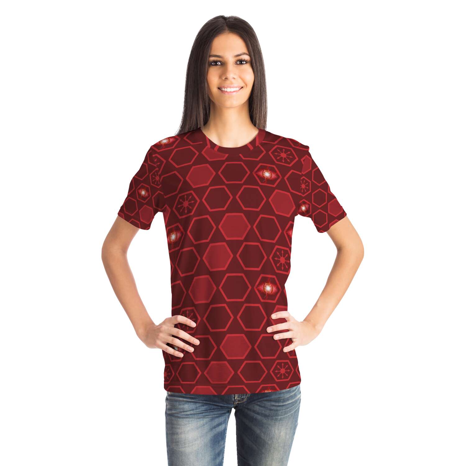 65 MCMLXV Unisex Cosplay Scarlet Red Hexagon Chaos Print T-Shirt - 65mcmlxv