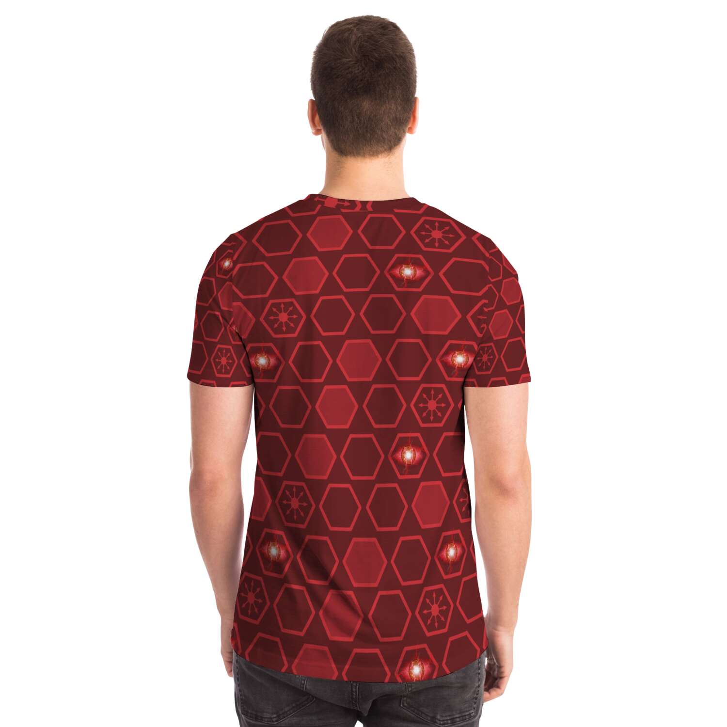65 MCMLXV Unisex Cosplay Scarlet Red Hexagon Chaos Print T-Shirt - 65mcmlxv