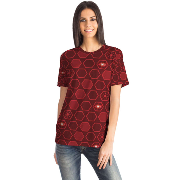 65 MCMLXV Unisex Cosplay Scarlet Red Hexagon Chaos Print T-Shirt - 65mcmlxv