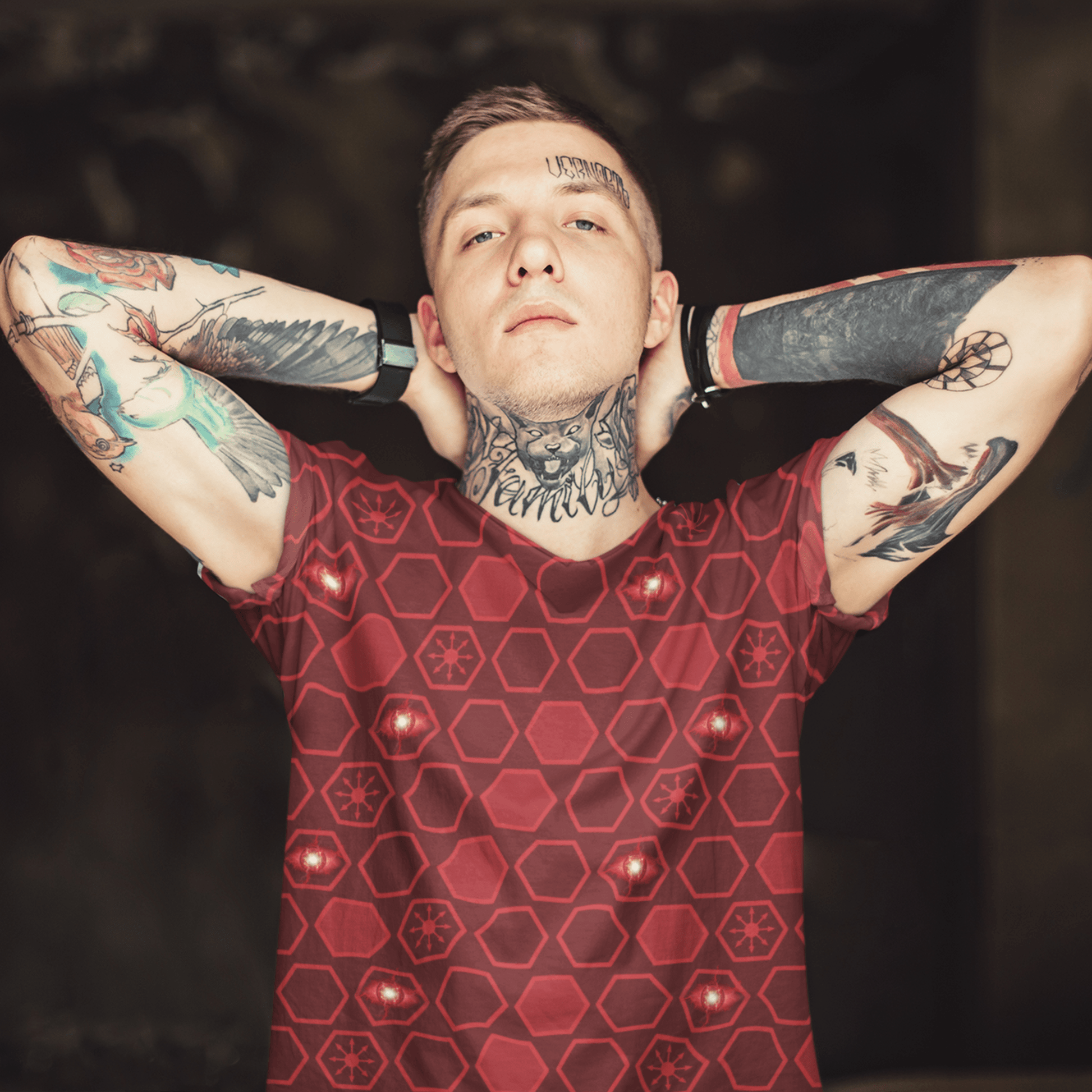 65 MCMLXV Unisex Cosplay Scarlet Red Hexagon Chaos Print T-Shirt - 65mcmlxv