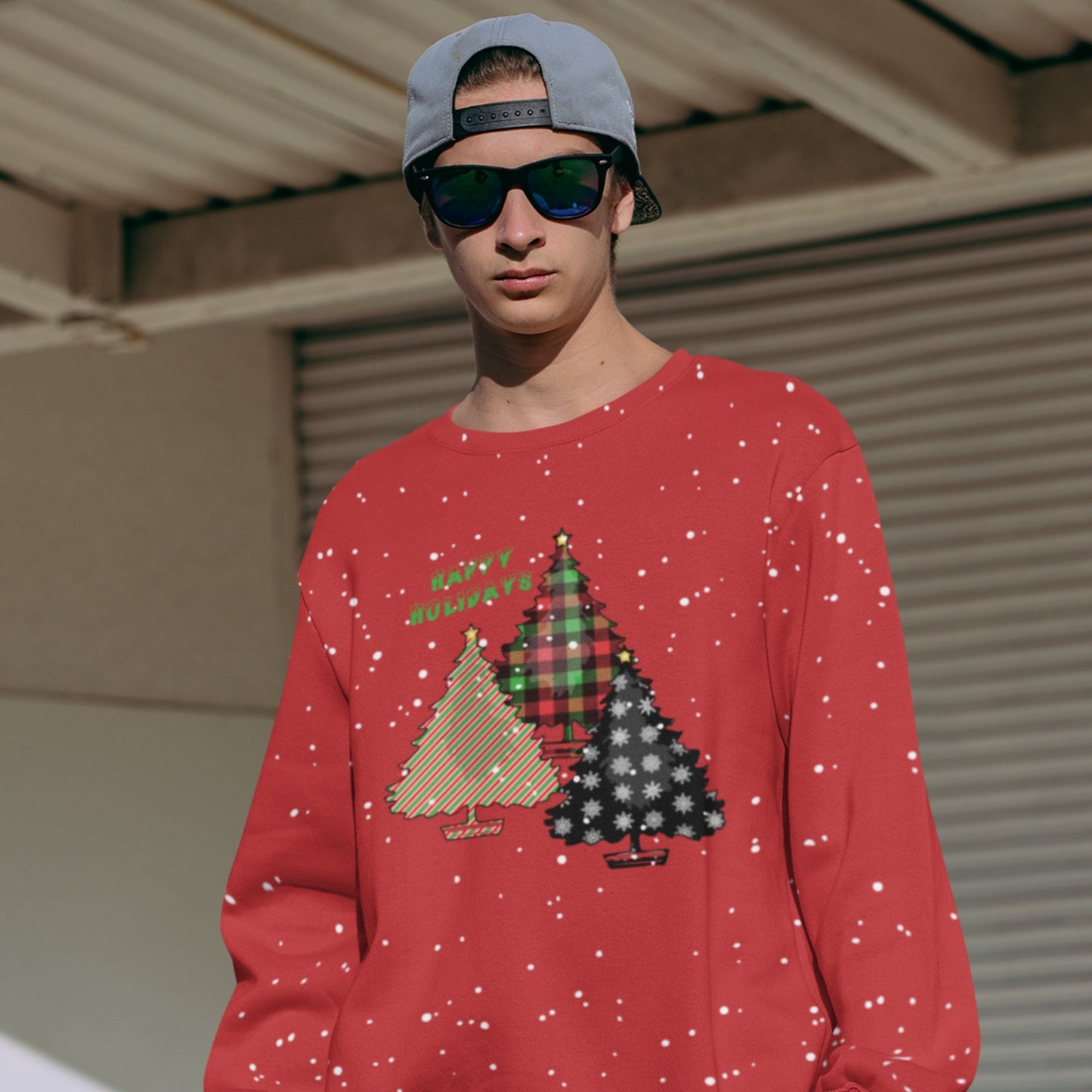 65 MCMLXV Unisex Happy Holidays Christmas Trees Print Sweatshirt - 65mcmlxv