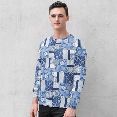 65 MCMLXV Unisex Indigo Patchwork Print Fleece Sweatshirt - 65mcmlxv