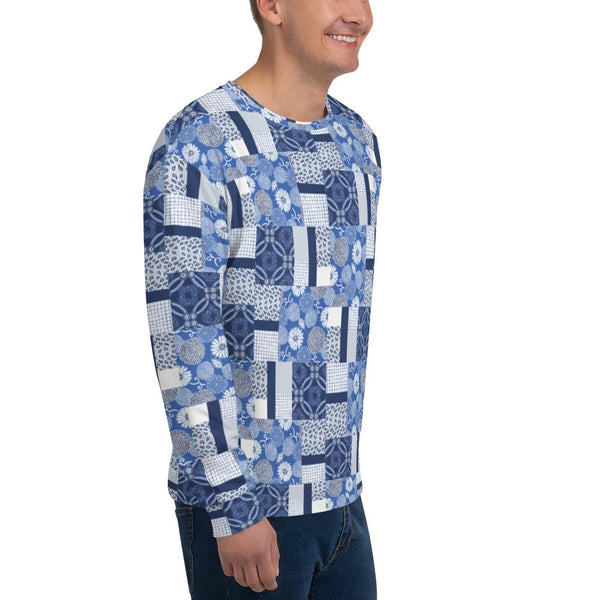 65 MCMLXV Unisex Indigo Patchwork Print Fleece Sweatshirt - 65mcmlxv