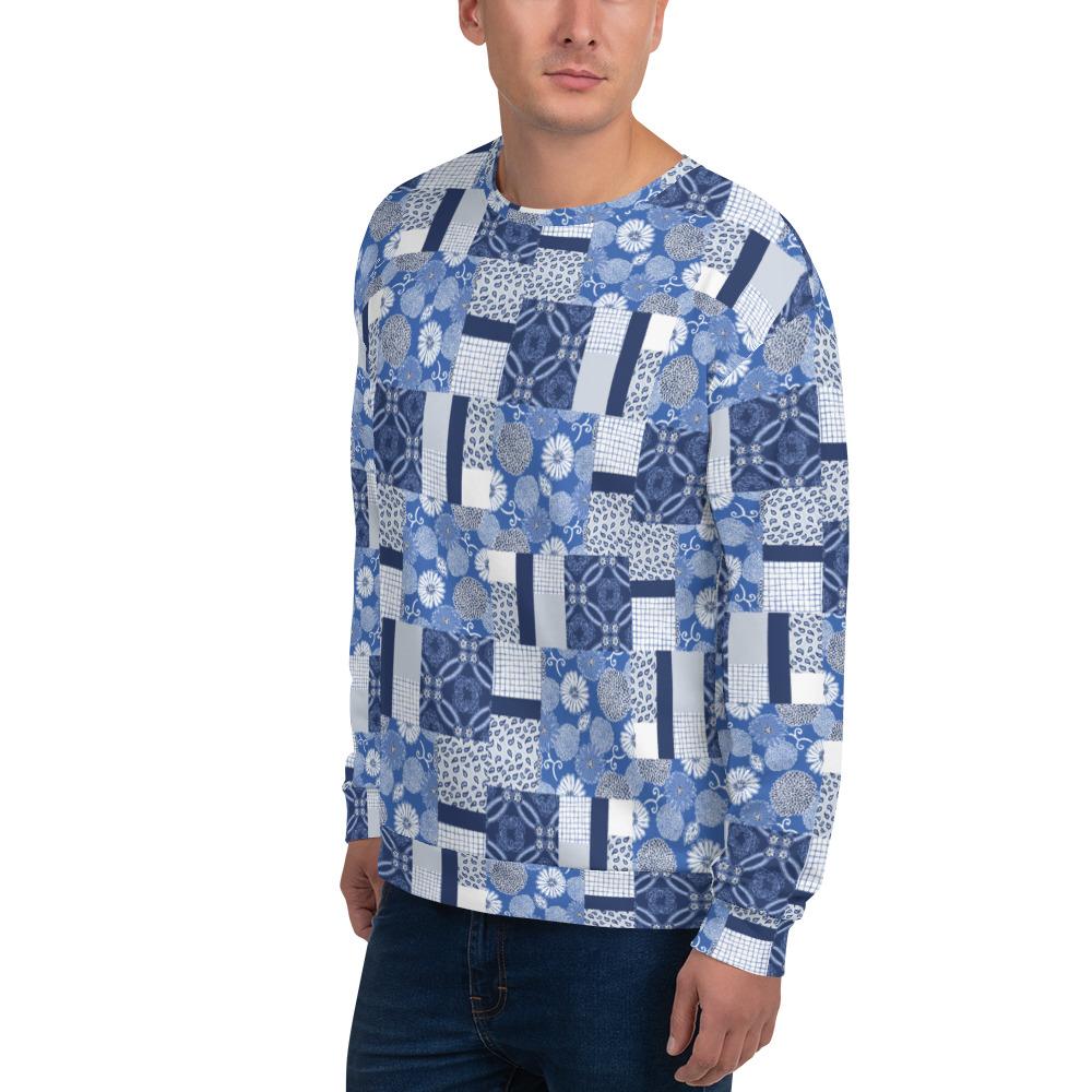 65 MCMLXV Unisex Indigo Patchwork Print Fleece Sweatshirt - 65mcmlxv