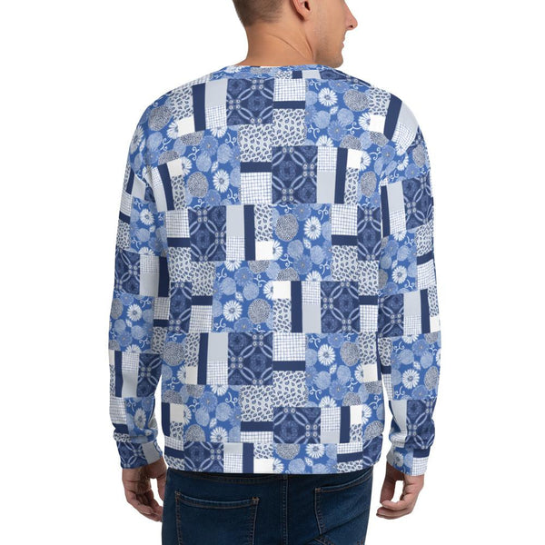 65 MCMLXV Unisex Indigo Patchwork Print Fleece Sweatshirt - 65mcmlxv