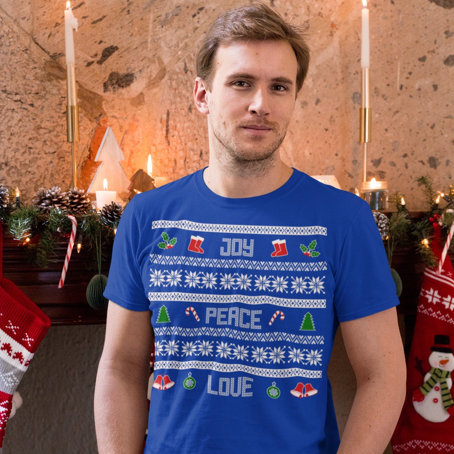 65 MCMLXV Unisex Peace Love Joy Christmas Sweater Design Graphic T-Shirt - 65mcmlxv
