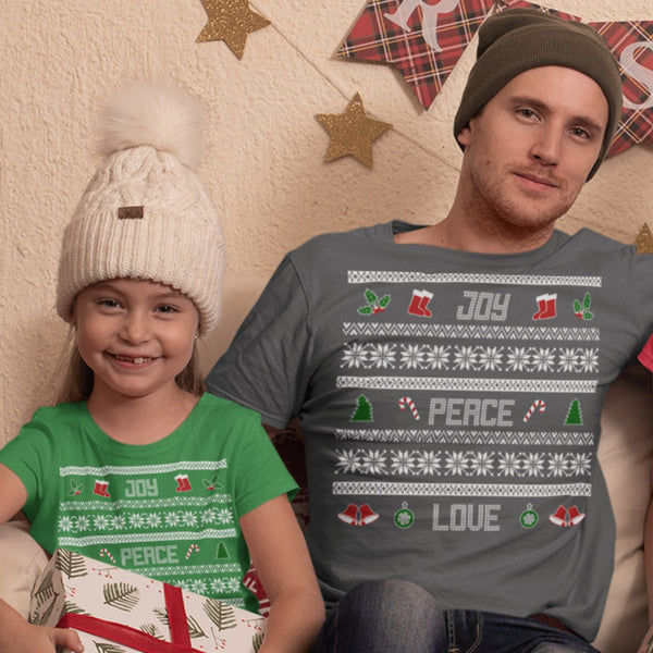 65 MCMLXV Unisex Peace Love Joy Christmas Sweater Design Graphic T-Shirt - 65mcmlxv