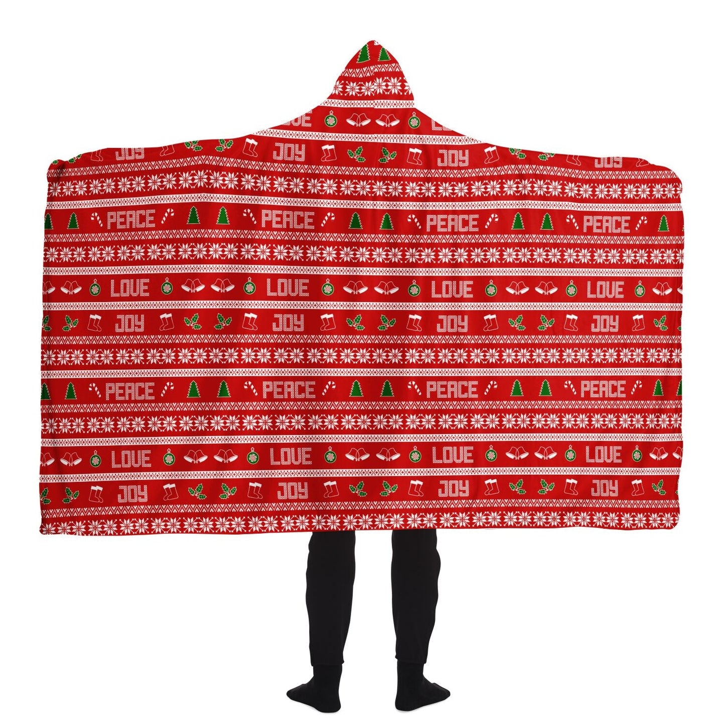 65 MCMLXV Unisex Peace Love Joy Red Christmas Print Hooded Blanket - 65mcmlxv