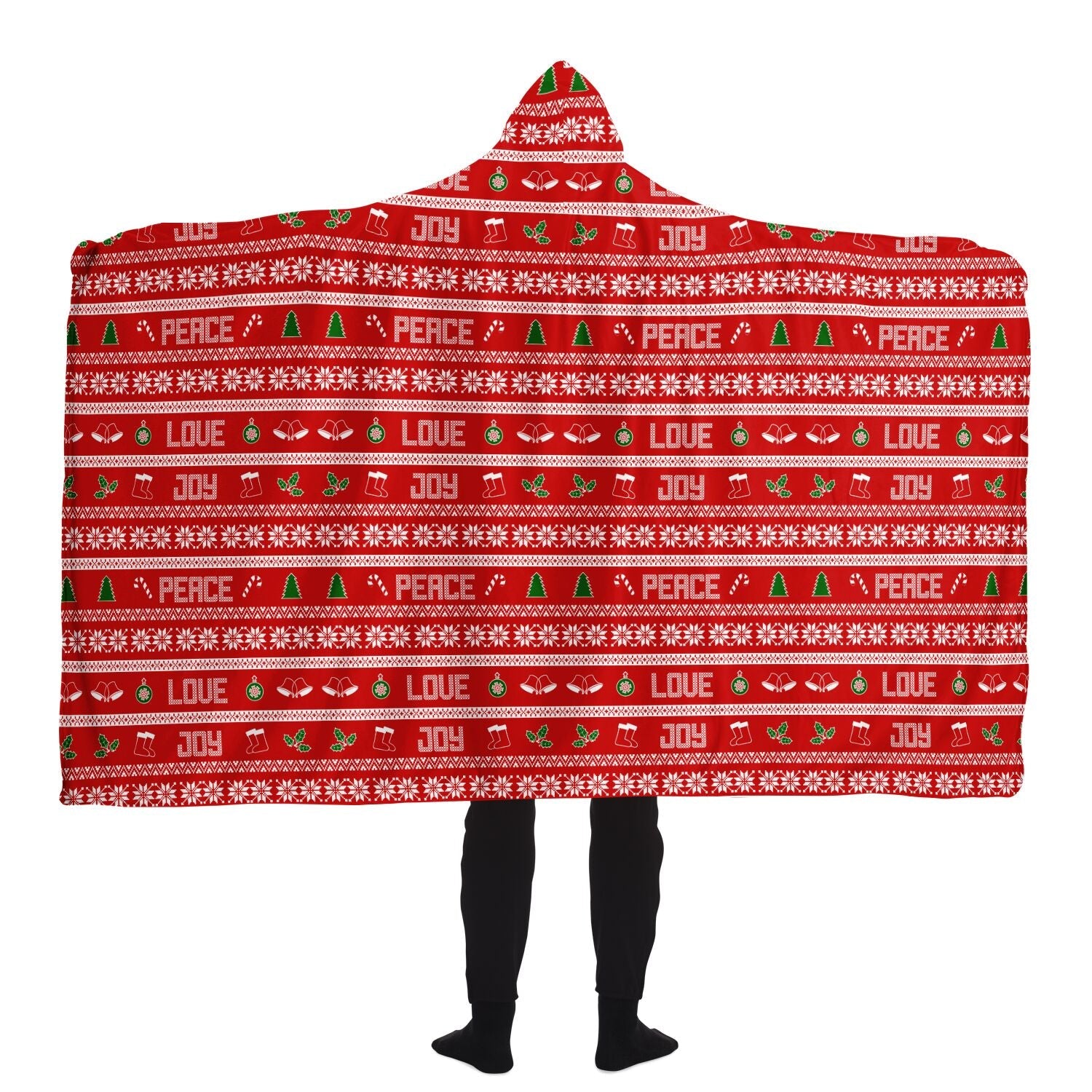 65 MCMLXV Unisex Peace Love Joy Red Christmas Print Hooded Blanket - 65mcmlxv
