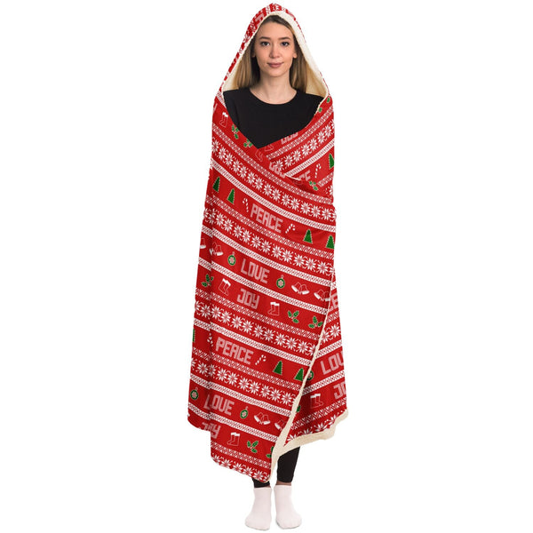 65 MCMLXV Unisex Peace Love Joy Red Christmas Print Hooded Blanket - 65mcmlxv