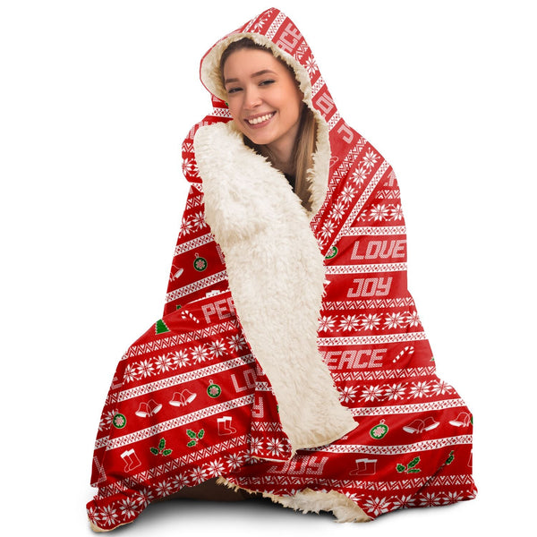 65 MCMLXV Unisex Peace Love Joy Red Christmas Print Hooded Blanket - 65mcmlxv