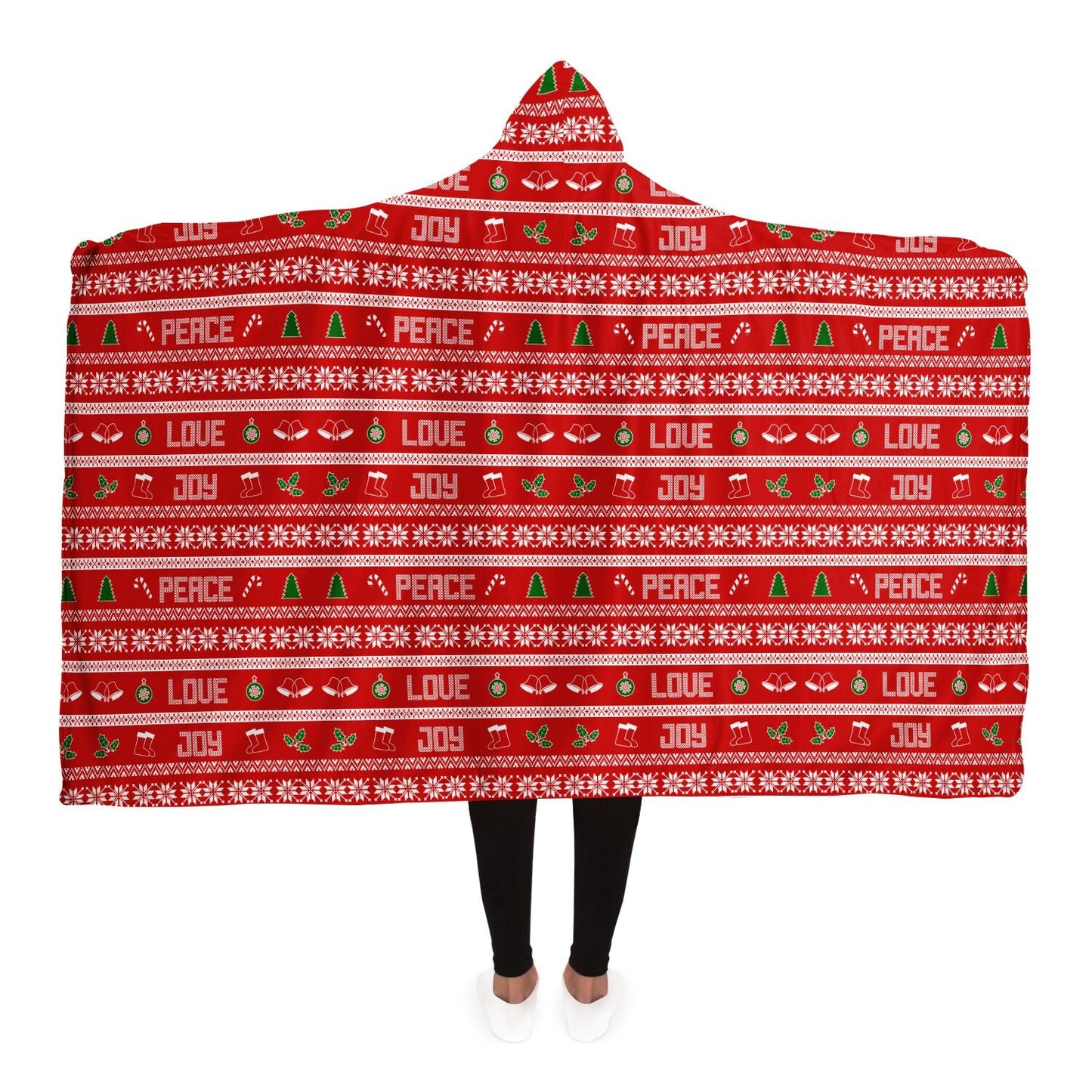 65 MCMLXV Unisex Peace Love Joy Red Christmas Print Hooded Blanket - 65mcmlxv